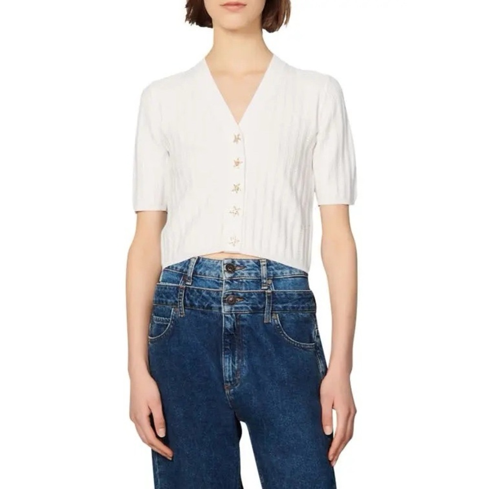 SANDRO
Nolan Star Button Crop Short Sleeve Sweater Top in Off-White